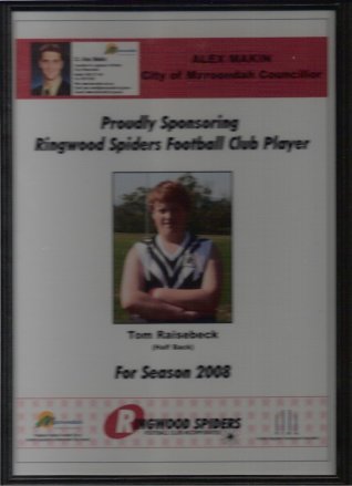 Certificate acknowledging sponsorship of the Ringwood Spiders